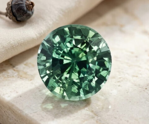 Natural round blue green sapphire gemstone on light stone surface