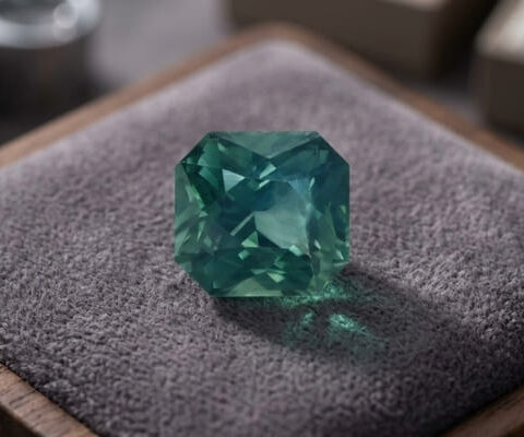 Natural blue green sapphire gemstone on grey jewelry display