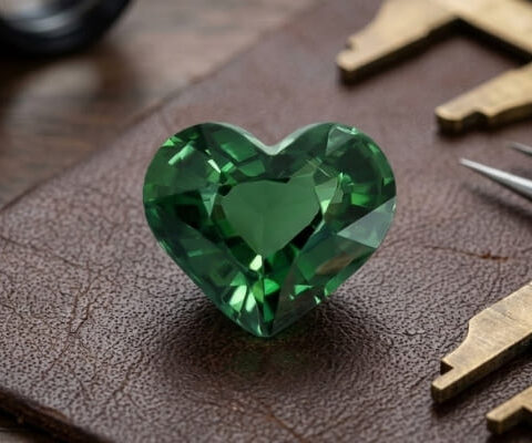 Natural heart shaped blue green sapphire gemstone on brown jewelry surface