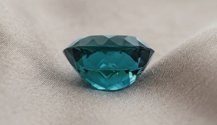 1. Blue green tourmaline oval gemstone shown from side profile