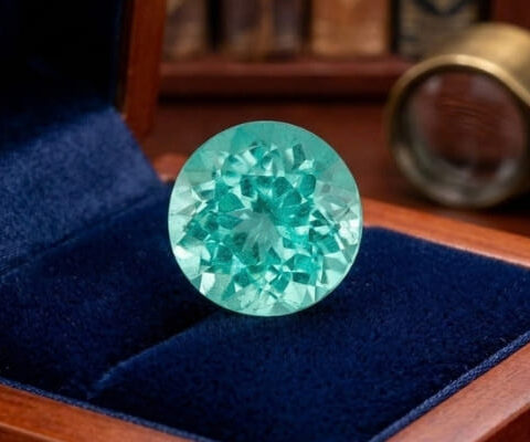 Natural round blue green tourmaline gemstone on navy jewelry display