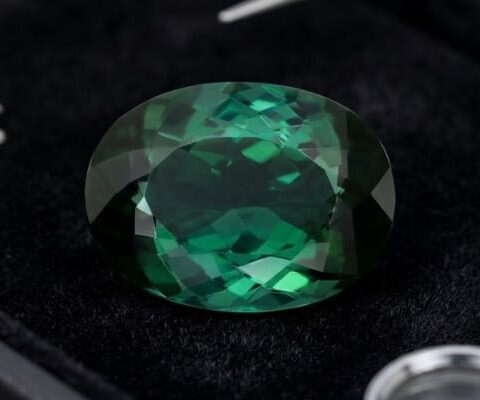 Natural oval blue green tourmaline gemstone on black jewelry display