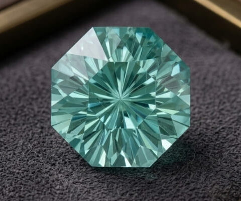 Natural octagonal blue green tourmaline gemstone on dark jewelry display