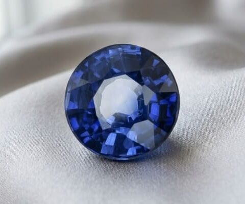 Natural blue sapphire round cut loose gemstone on soft fabric