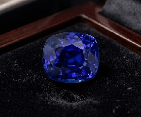 Natural blue sapphire gemstone with GIA report displayed on black velvet jewellery box