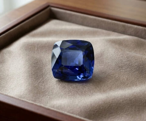 Natural blue sapphire gemstone with GIA report displayed on luxurious velvet jewellery box