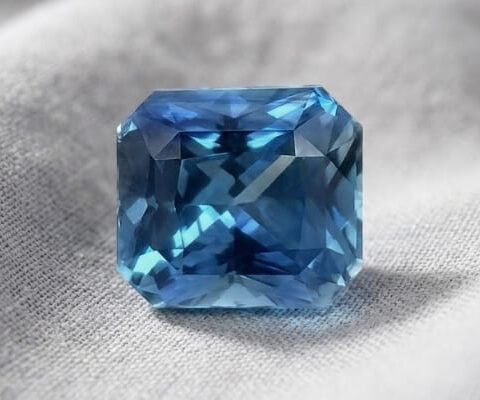 Natural blue sapphire gemstone with GIA report showing elegant cushion cut on soft fabric background