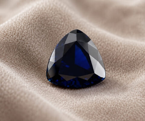 Natural blue sapphire gemstone with triangular cut displayed on soft beige fabric background