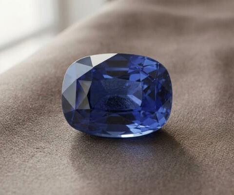 Natural blue sapphire gemstone with GIA report showing cushion cut and deep blue brilliance