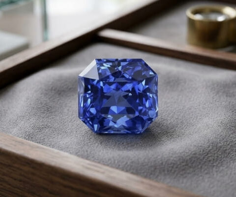 Natural blue sapphire with GIA report on grey jewelry display tray
