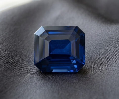 Natural blue sapphire with GIA report on dark grey fabric