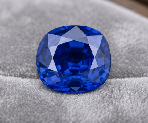 Natural blue sapphire gemstone on soft grey jewelry cushion
