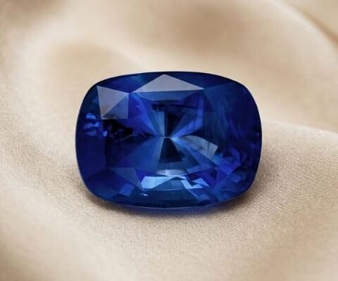 Natural blue sapphire gemstone on soft beige fabric