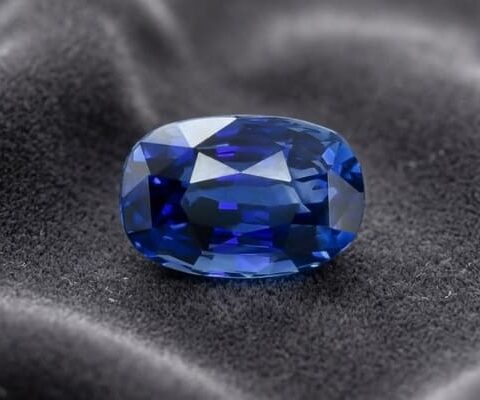 Natural blue sapphire gemstone on dark grey fabric