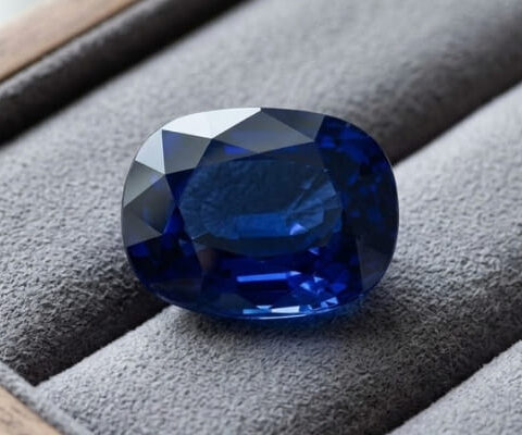 Natural blue sapphire gemstone on grey jewelry display