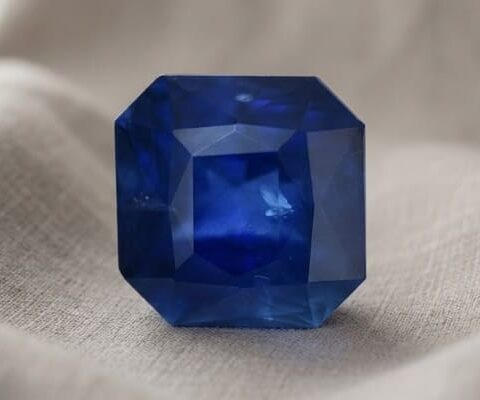 Natural blue sapphire with GIA report on soft beige fabric
