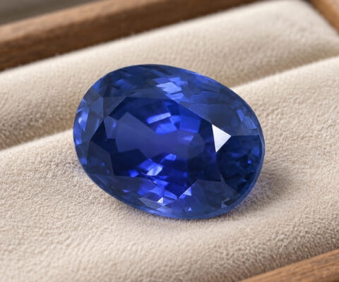 Natural oval blue sapphire gemstone on beige jewelry display tray