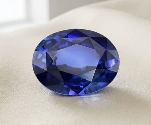 Natural oval blue sapphire with GIA report on soft cream fabric