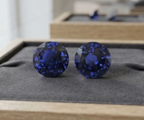 Natural round blue sapphire matching pair on dark grey jewelry tray