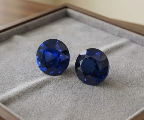 Natural blue sapphire matching pair on soft grey jewelry tray