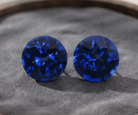 Natural round blue sapphire matching pair on dark grey jewelry display