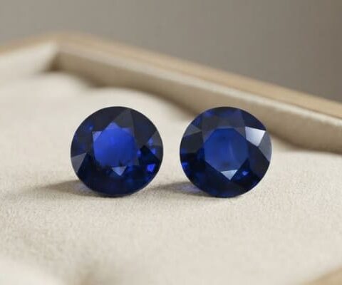Natural round blue sapphire matching pair on cream jewelry display