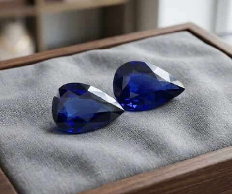 Natural blue sapphire matching pair with GIA report on grey jewelry tray