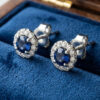 Round Blue Sapphire and Diamond Halo Stud Earrings