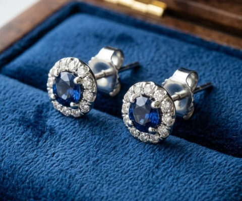 Round Blue Sapphire and Diamond Halo Stud Earrings