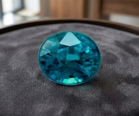 Natural round blue zircon gemstone on dark grey jewelry display