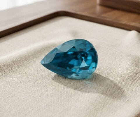 Natural pear shaped blue zircon gemstone on cream jewelry display