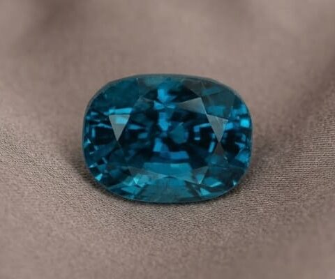 Natural cushion cut blue zircon gemstone on soft brown fabric