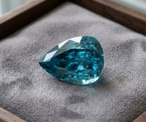 Natural pear shaped blue zircon gemstone on grey jewelry display tray