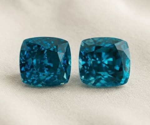 Natural cushion cut blue zircon matching pair on soft cream fabric