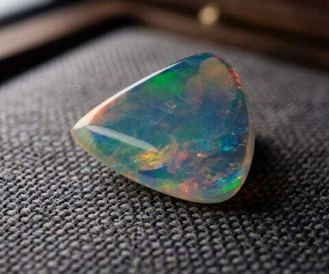 Natural triangular Brazilian opal gemstone on dark textured fabric
