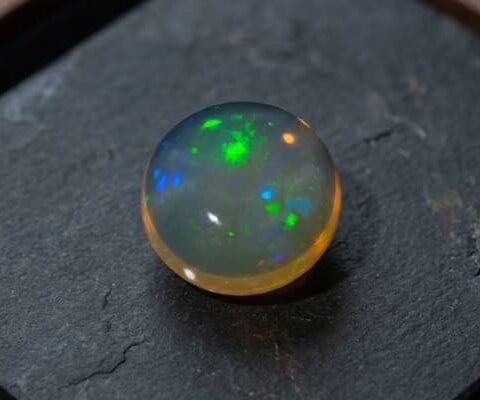 Natural Brazilian opal gemstone on dark stone jewelry display