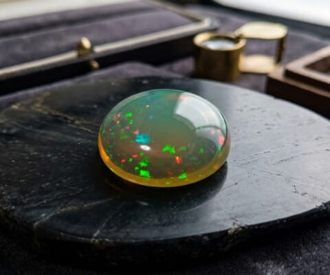 Natural Brazilian opal gemstone on black stone jewelry display