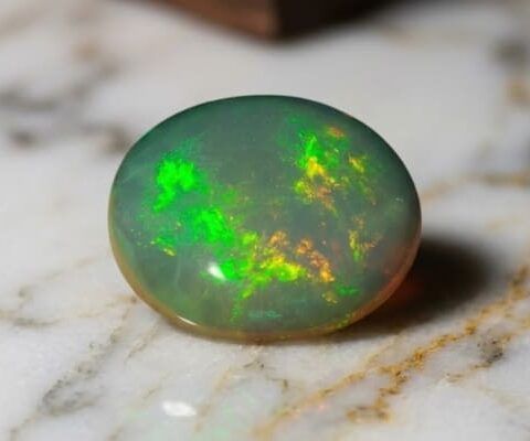 Natural Brazilian opal gemstone on light marble surface