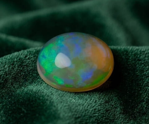 Natural Brazilian opal gemstone on green velvet fabric