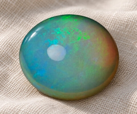 Natural round Brazilian opal gemstone on soft beige fabric
