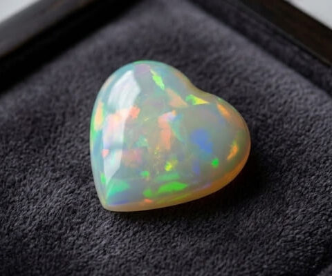 Natural heart shaped Brazilian opal gemstone on dark grey jewelry display