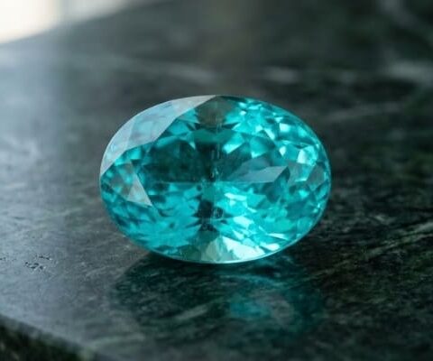 Natural oval Brazilian Paraiba tourmaline gemstone on dark green stone surface