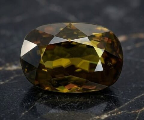 Natural cushion cut brownish green sphene gemstone on black marble surface