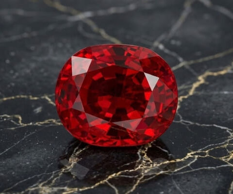 Natural cushion cut Burma red spinel gemstone on black marble surface