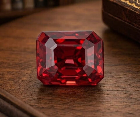 Natural emerald cut Burma red spinel gemstone on wooden surface