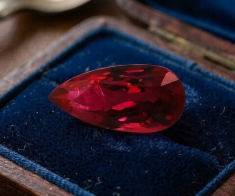 Natural pear shaped Burma ruby gemstone on blue velvet jewelry display