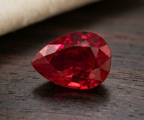 Natural pear shaped Burma ruby gemstone on dark wooden surface