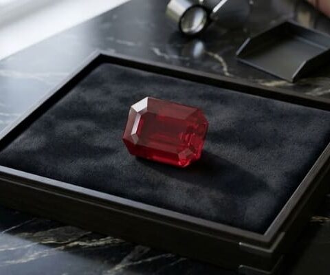 Natural emerald cut Burma ruby with GIA report on black jewelry display