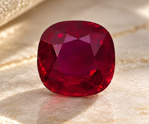 Natural cushion cut Burma ruby with GIA report on soft cream fabric