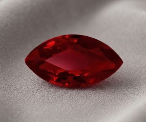 Natural marquise cut Burma ruby gemstone on soft grey fabric